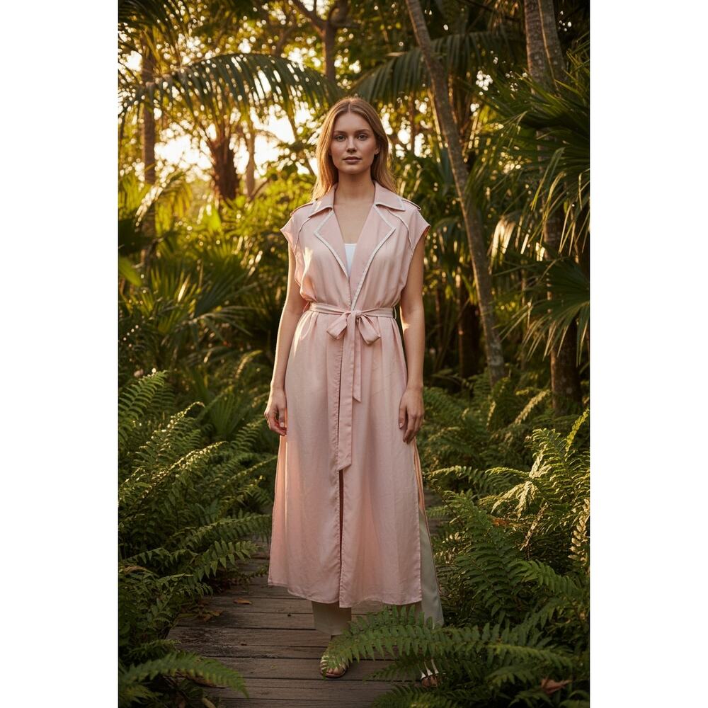 Three Floor Sheer Belted Duster Dress Blush Pink Sleeveless Size 8 Open Front